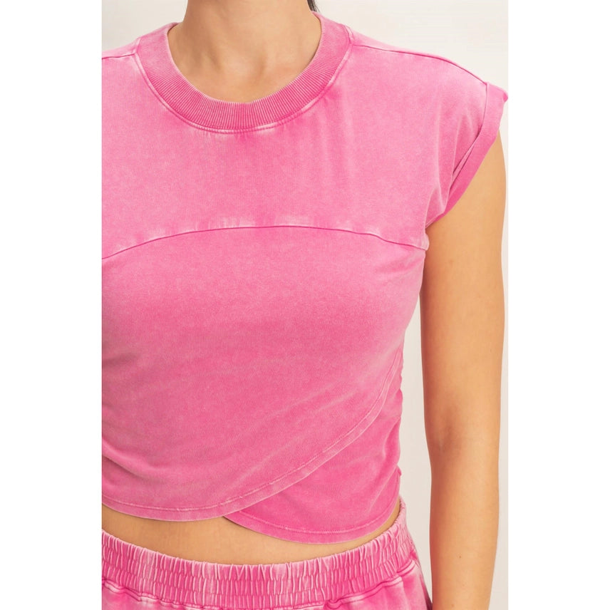 Rolled Sleeve Wrap-Front Crop Top