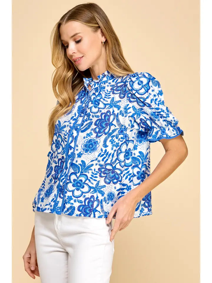 Floral Print Mock Neck Button Down