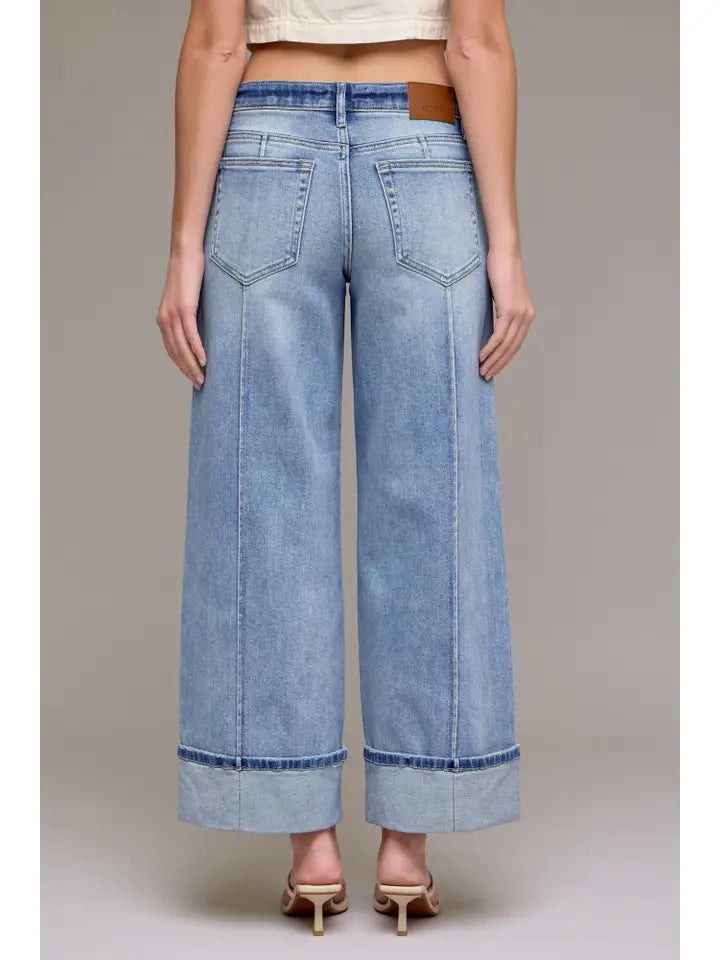 Medium Wash Pintuck 33" Inseam Mid Rise Cuffed Wide Leg