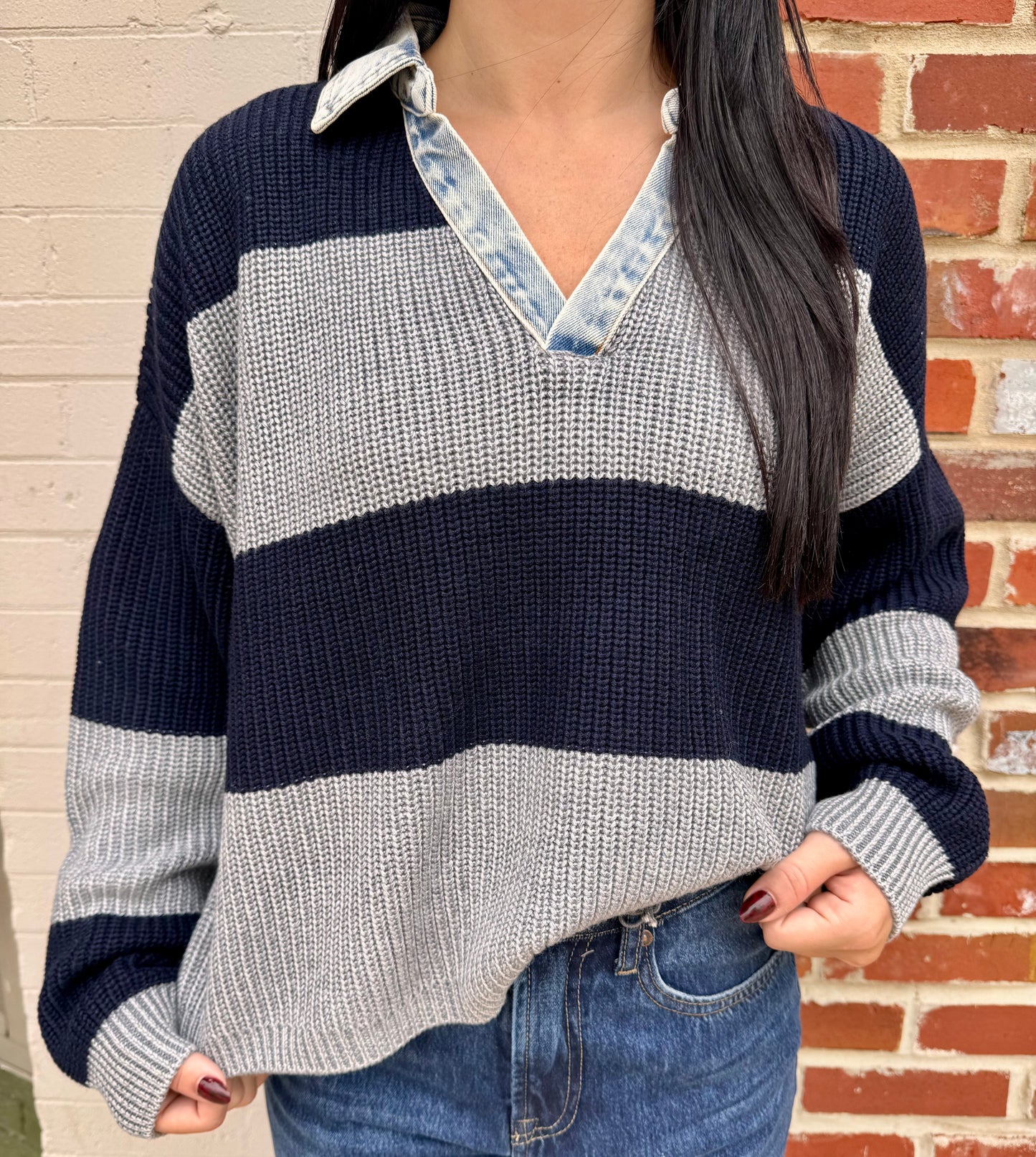 Grey navy stripe sweater w/ denim collar