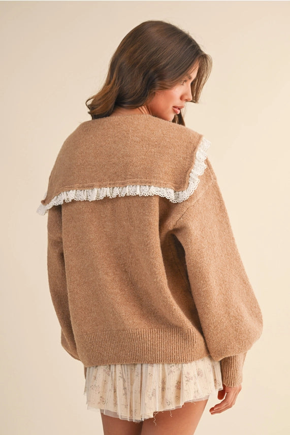 Oversized Lace Trim Collar Front Bows Cardigan