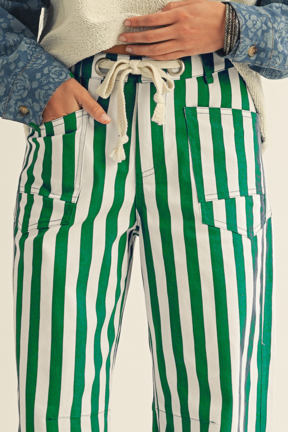 Cotton Striped Pocket Rope String Pants