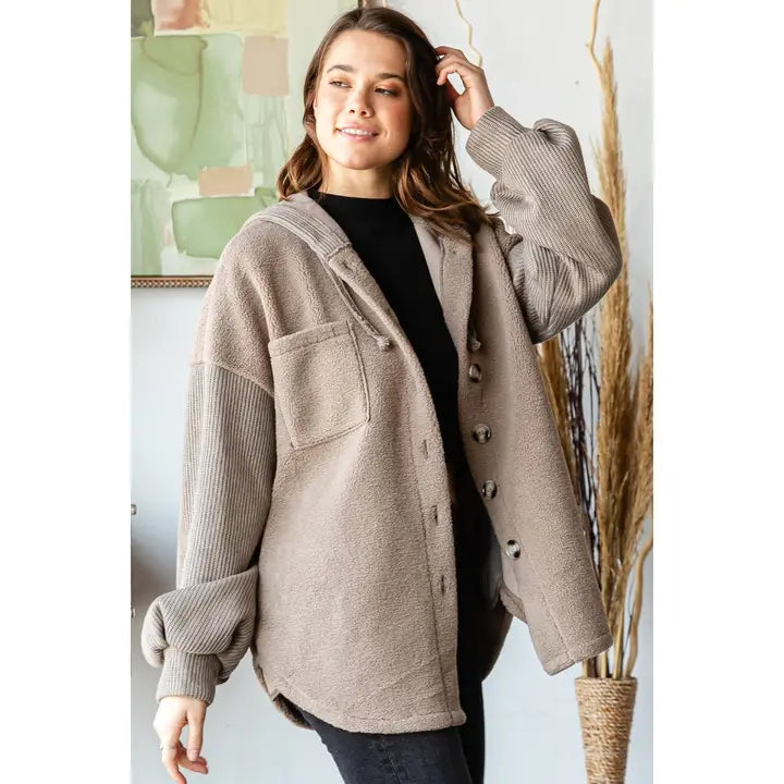 Rib Knit Contrast Sherpa Hooded Shacket