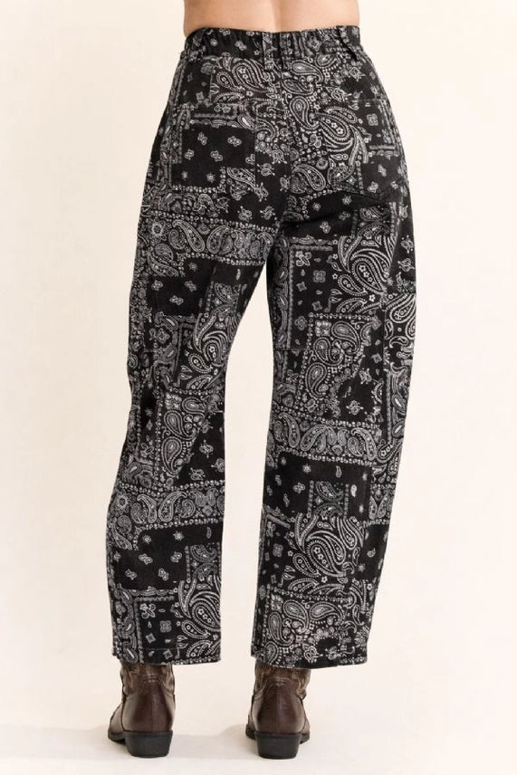 Black Bandana Print High-Rise Barrel Pants