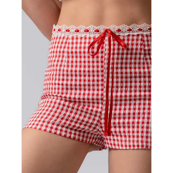 Gingham Shorts with Lace Scallop Trim Detail