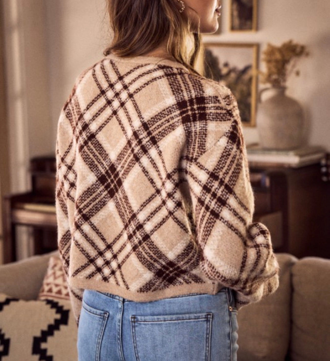 Check Plaid Sweater Cardigan