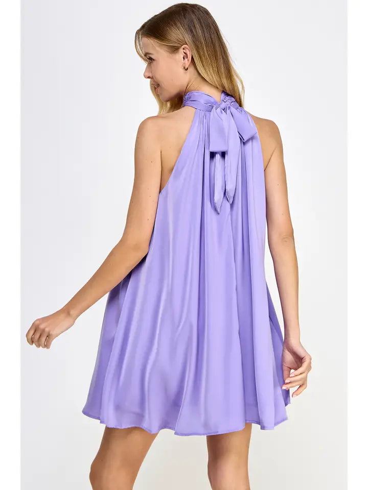 Mock Neck Halter Satin Mini Dress