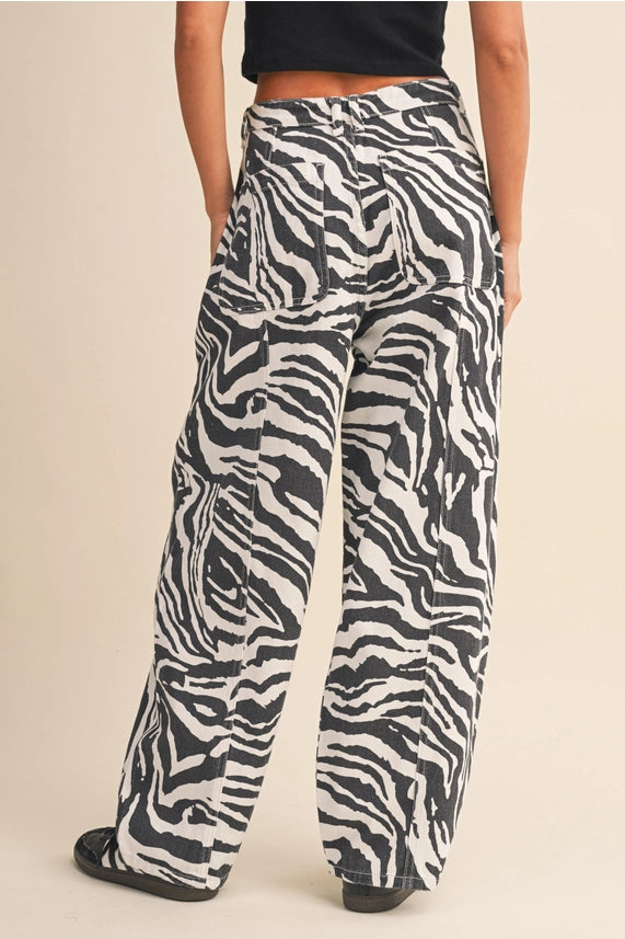 Zebra Print Denim Wide Barrel Pants