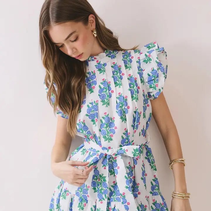 Floral Pleated Bodice Ruffle Sleeve Mini Dress