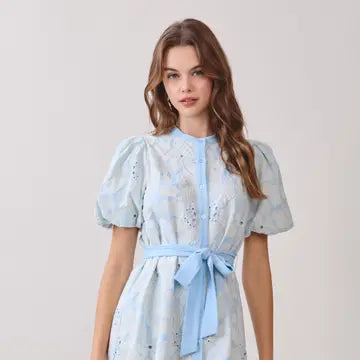 Floral Eyelet Pattern Button Front Mini Dress