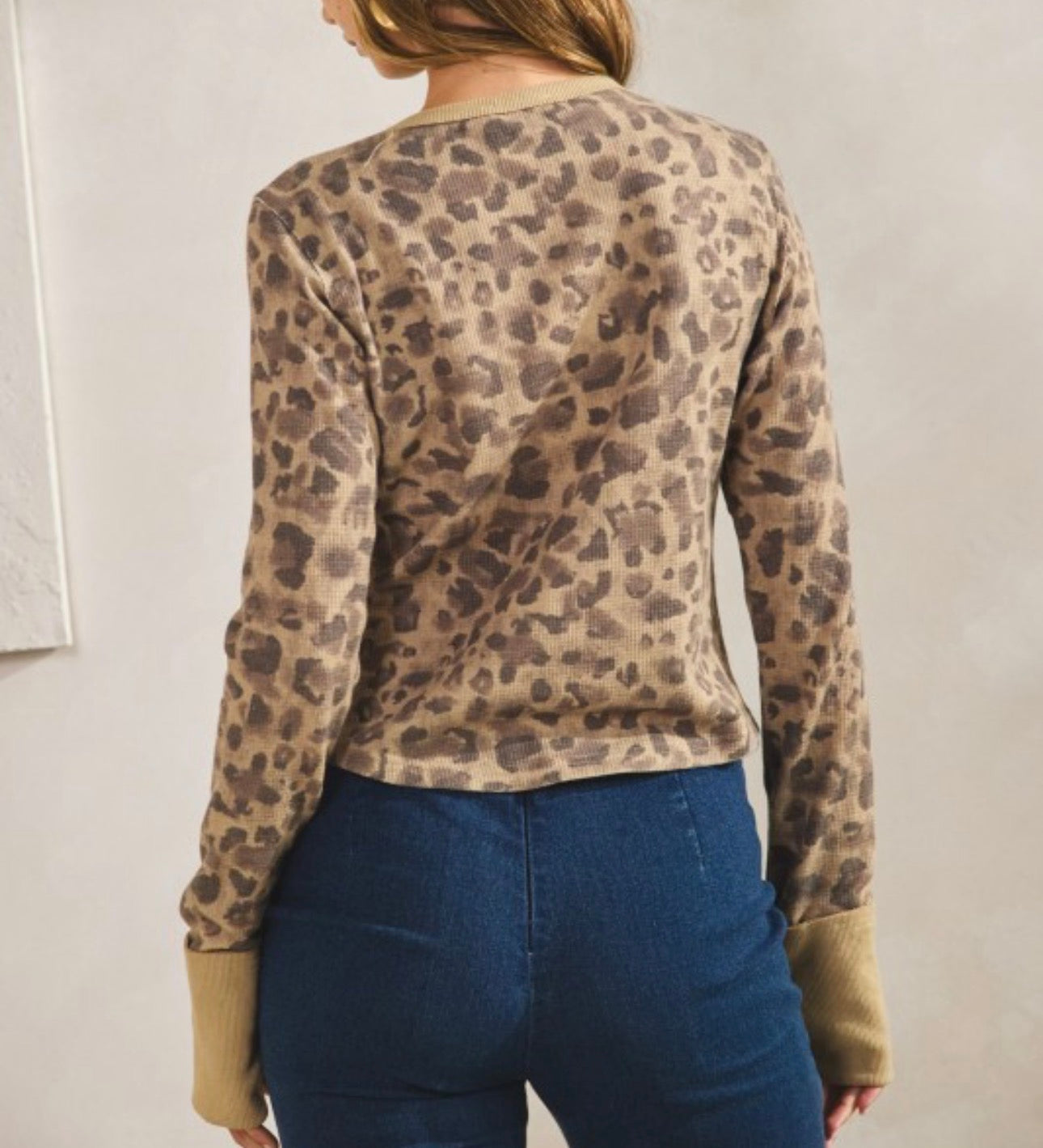 Waffle knit leopard print top