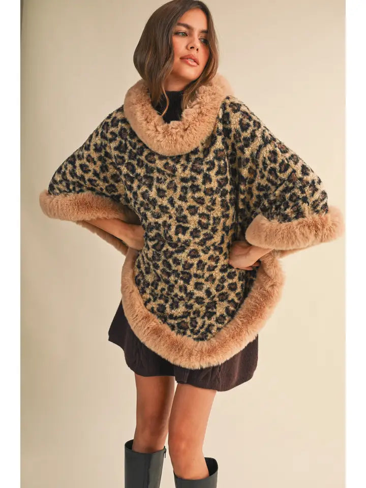 Faux Fur Leopard Printed Poncho