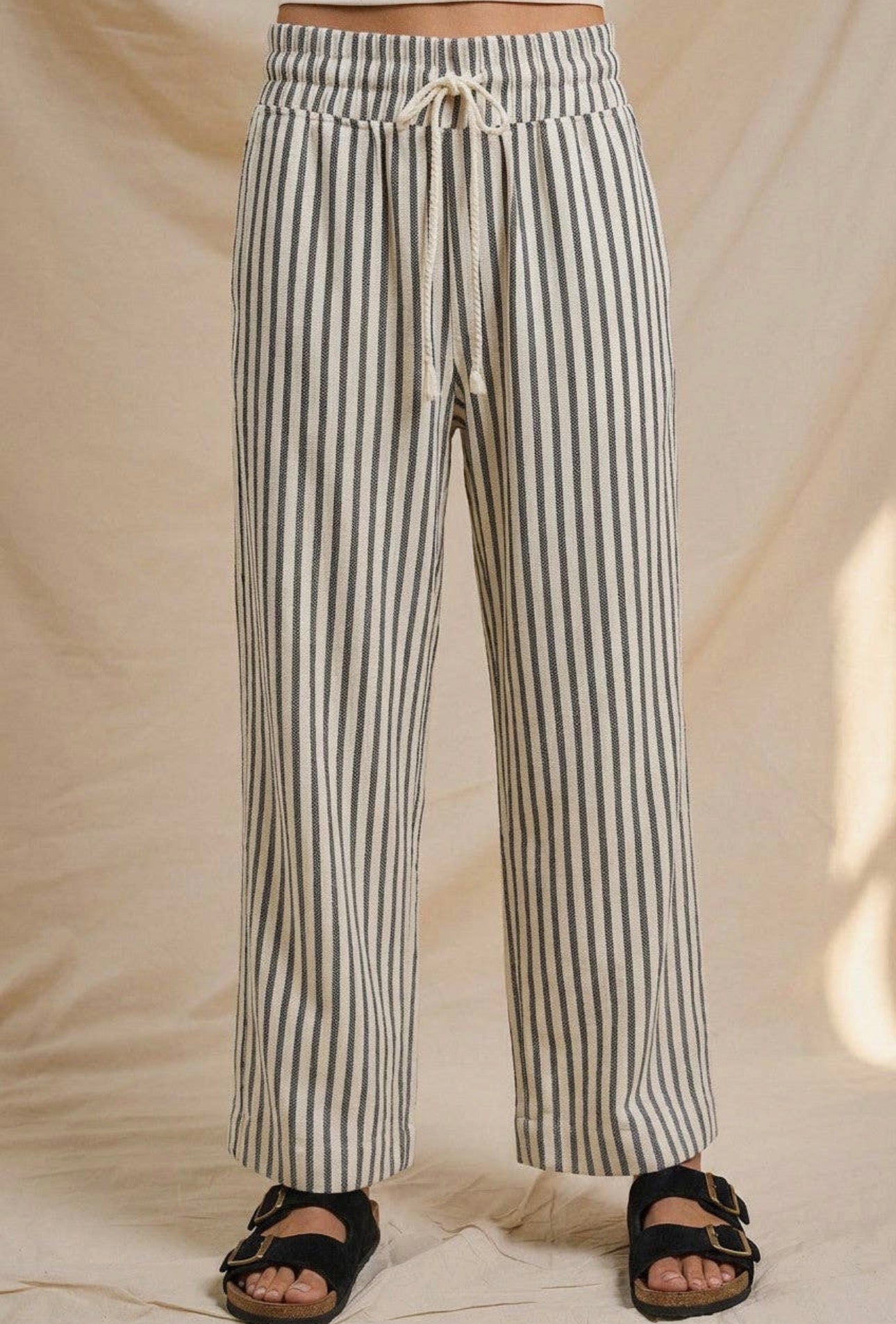 Cotton Stripe Wide Leg Drawstring Pants