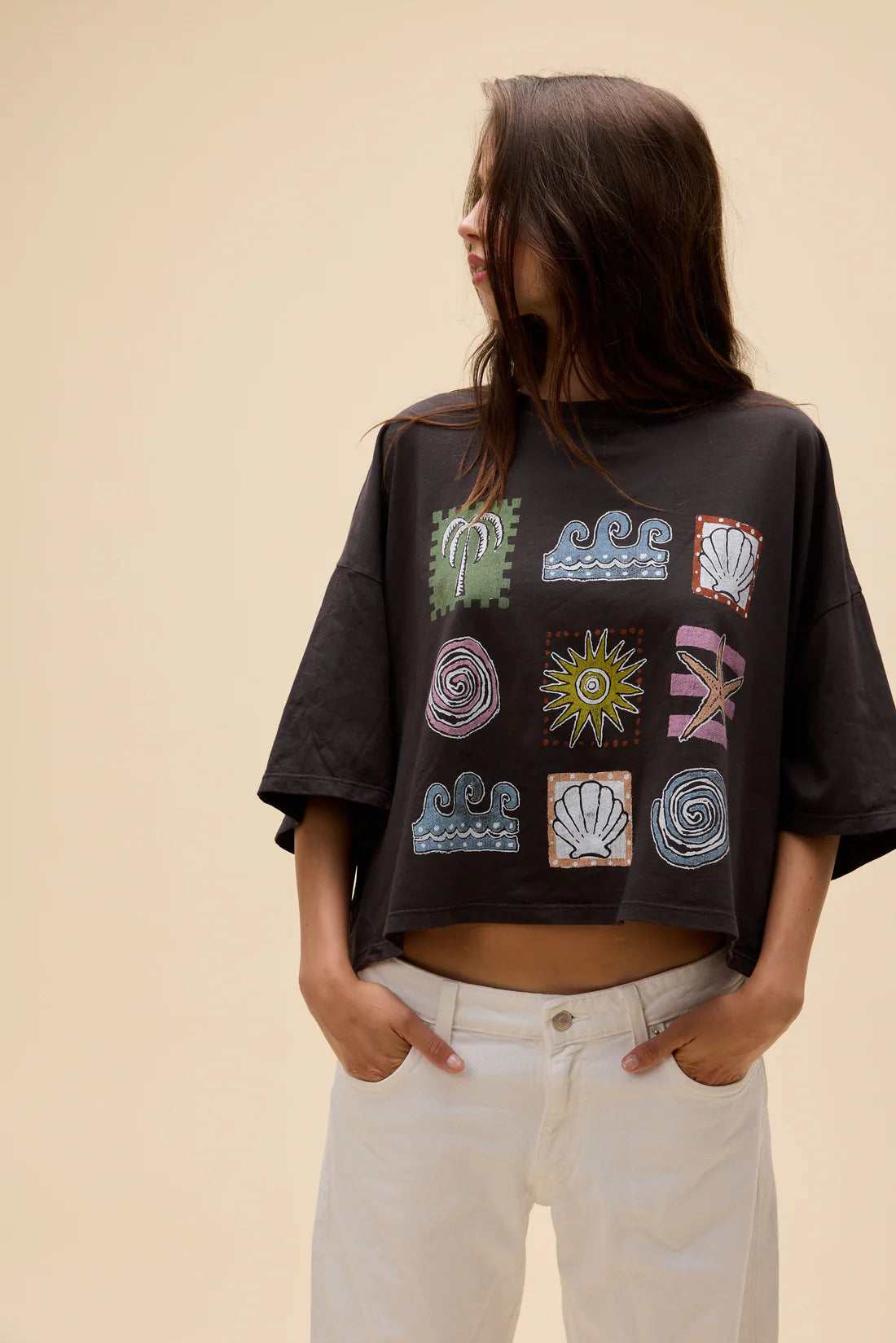 Seaside Doodle Grid Cropped OS Tee