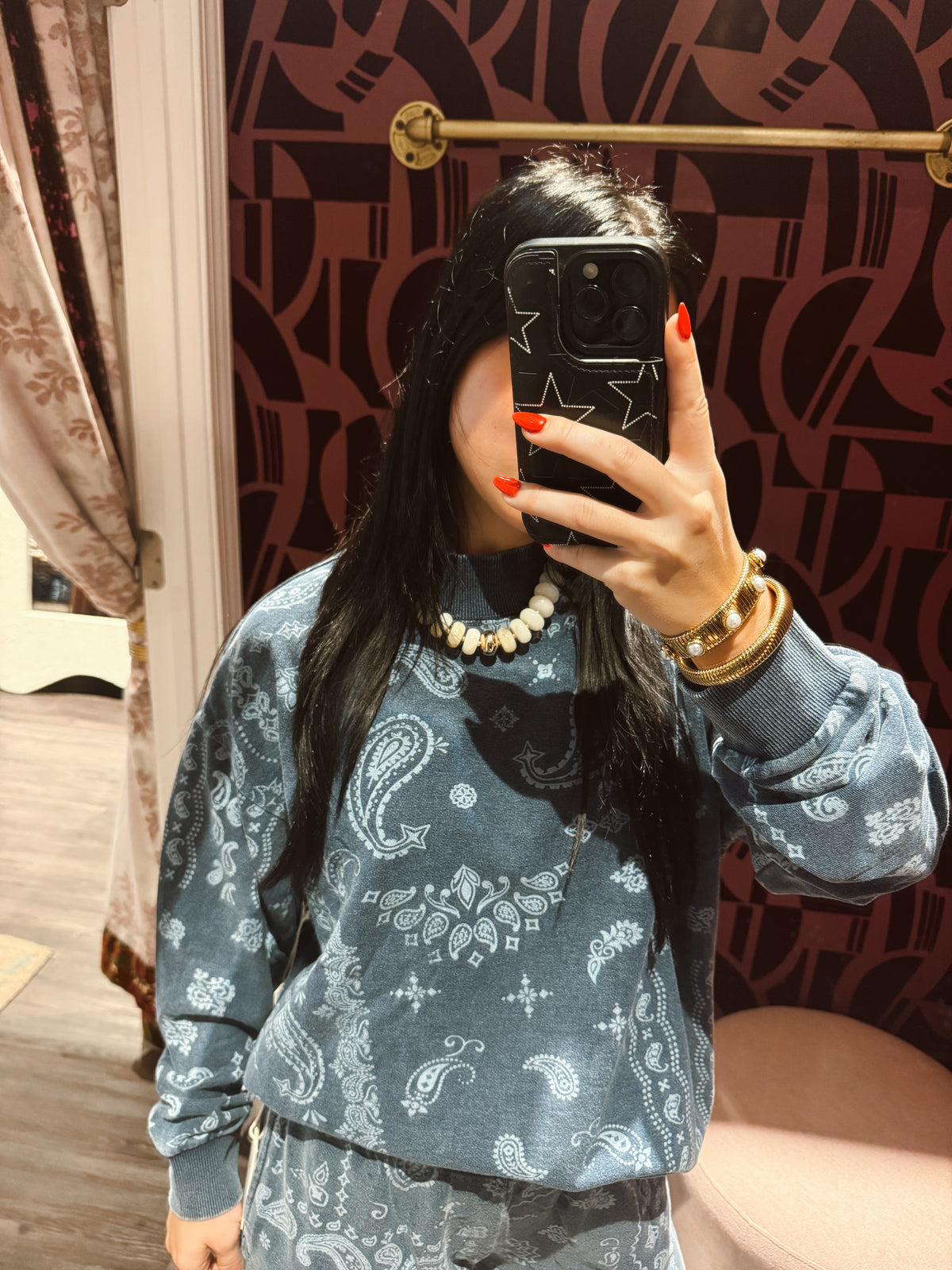 bandana print mockneck