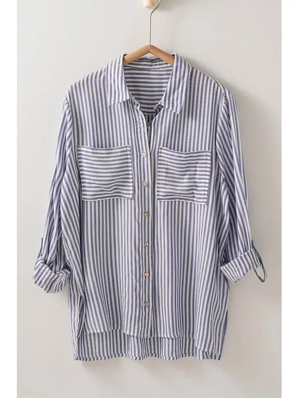 Relaxed Fit Vertical Striped Rayon Button Down Shirt