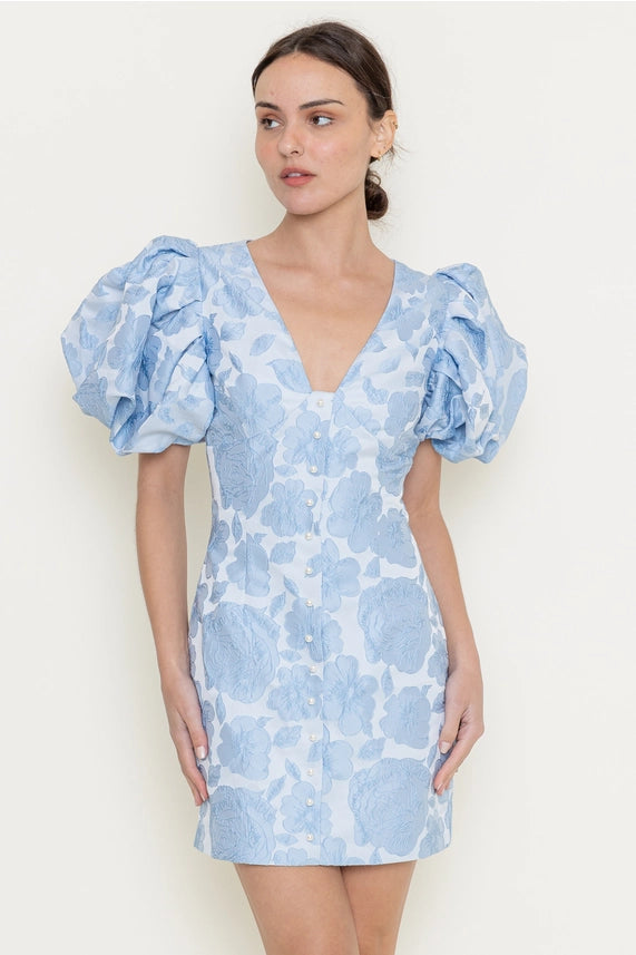 Floral Jacquard Puff Sleeve Dress