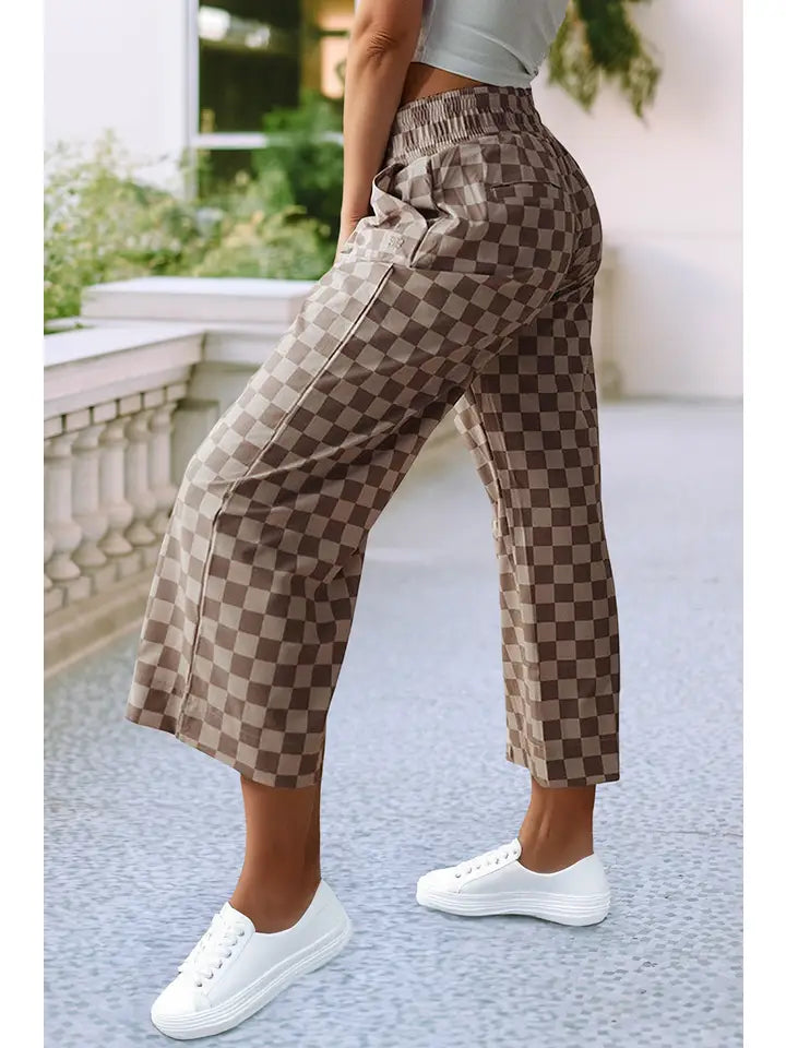 Elastic Waist Checkered Loose Pants