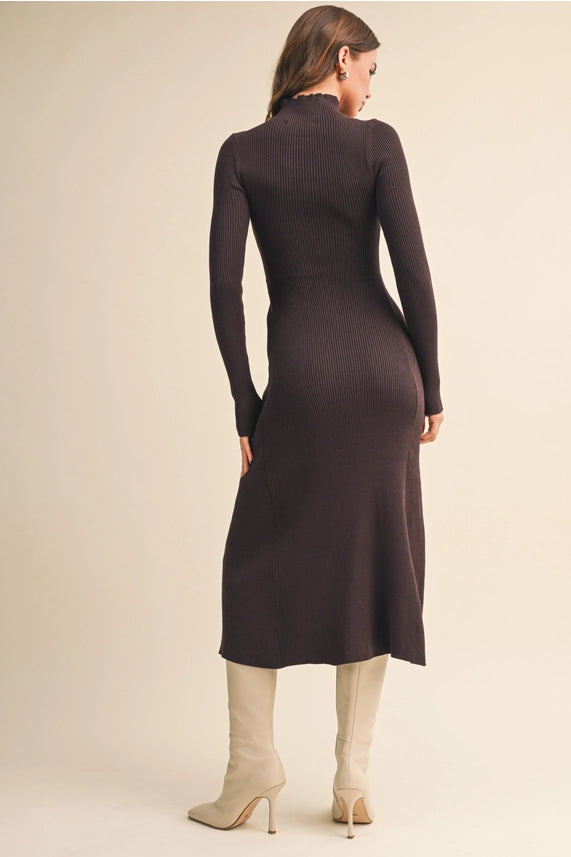 Mock Neck Long Sleeve Rib Knit Flared Midi Dress