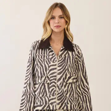 Zebra Contrast Collar Zip Up Jacket
