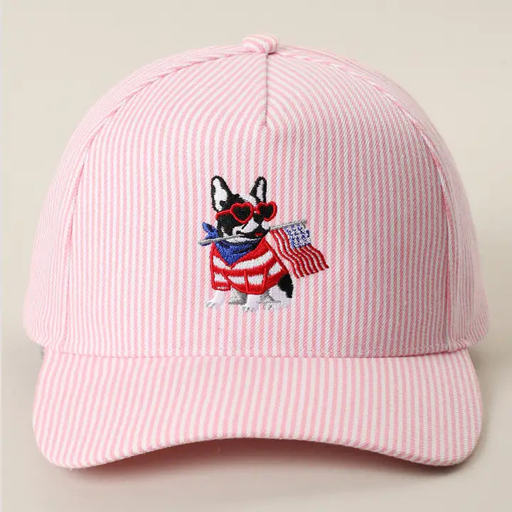 French Bulldog Holding USA Flag Seersucker Trucker Hat