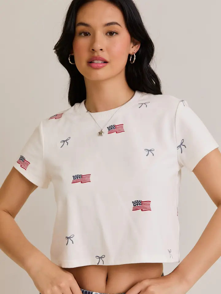 "USA Flag with Bow" Print Short Sleeve Crew Neck Baby Tee
