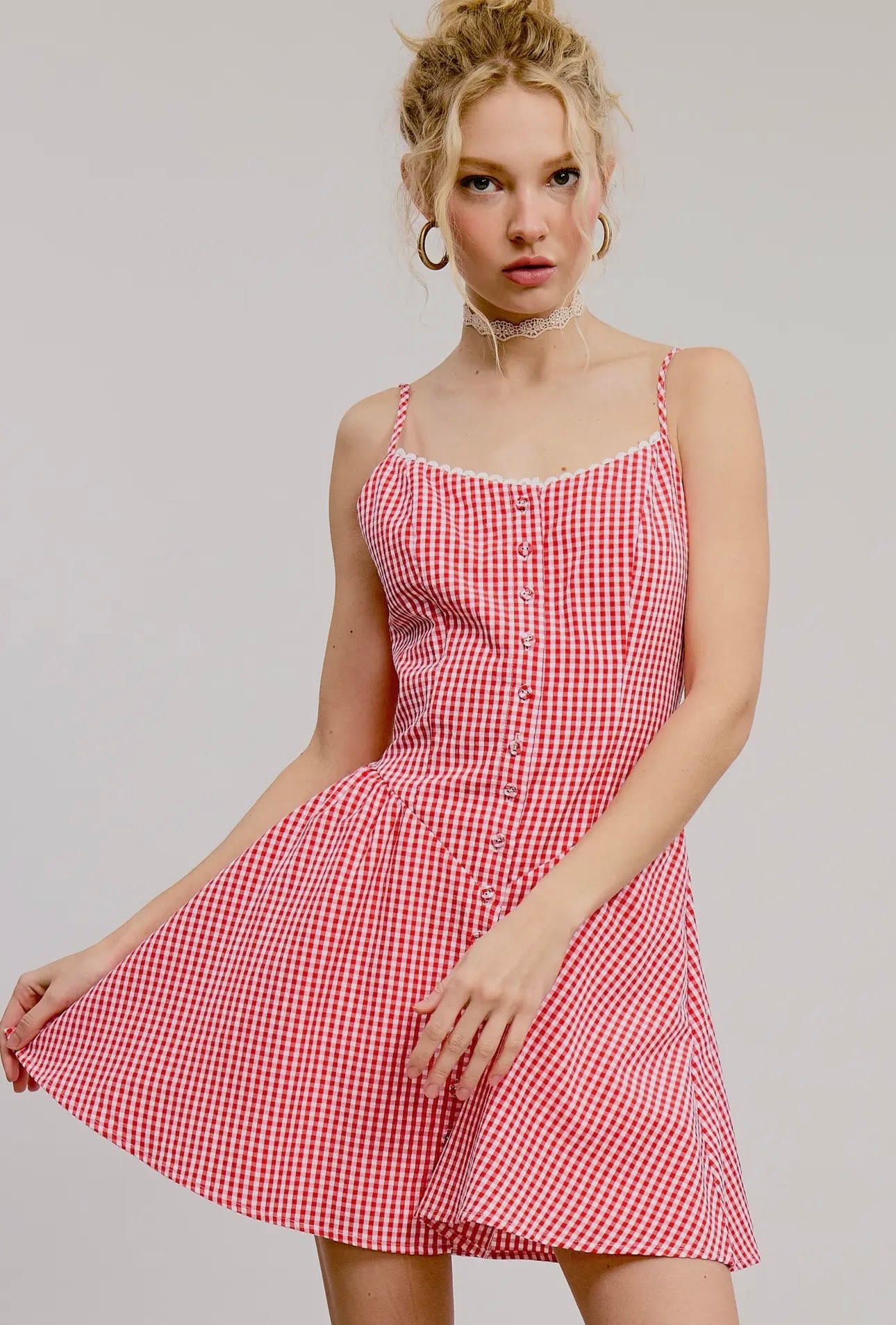 Gingham Lace Trim Mini Dress