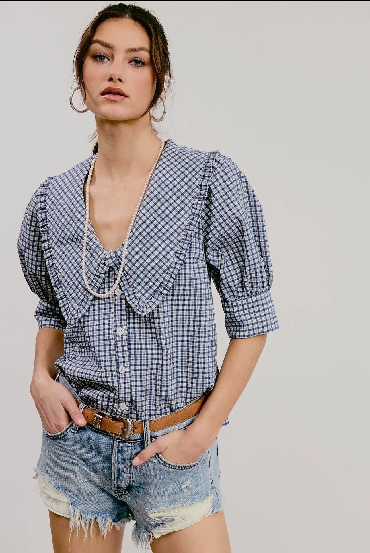 Plaid Ruffle Collar Blouse