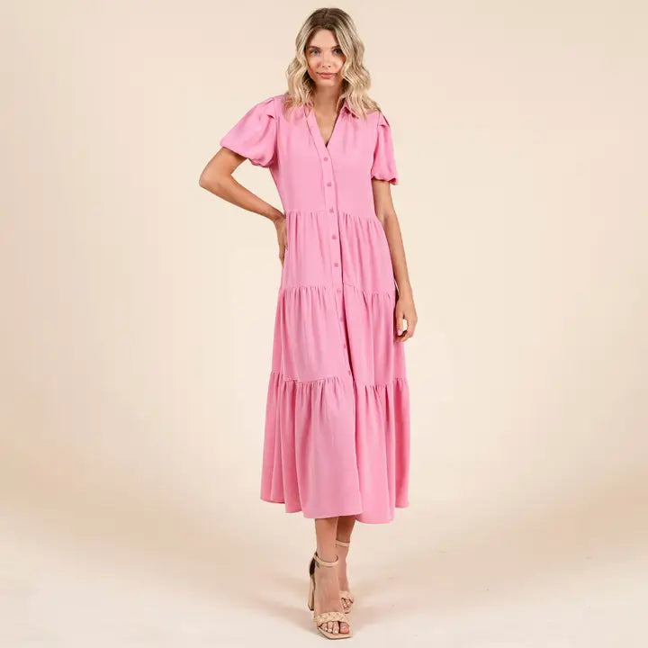Tiered Button Down Puff Sleeve Midi Dress