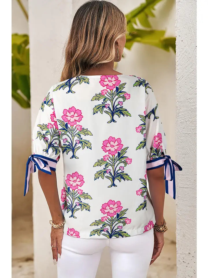 Floral Colorblock Stripe Knot Bubble Sleeve Blouse