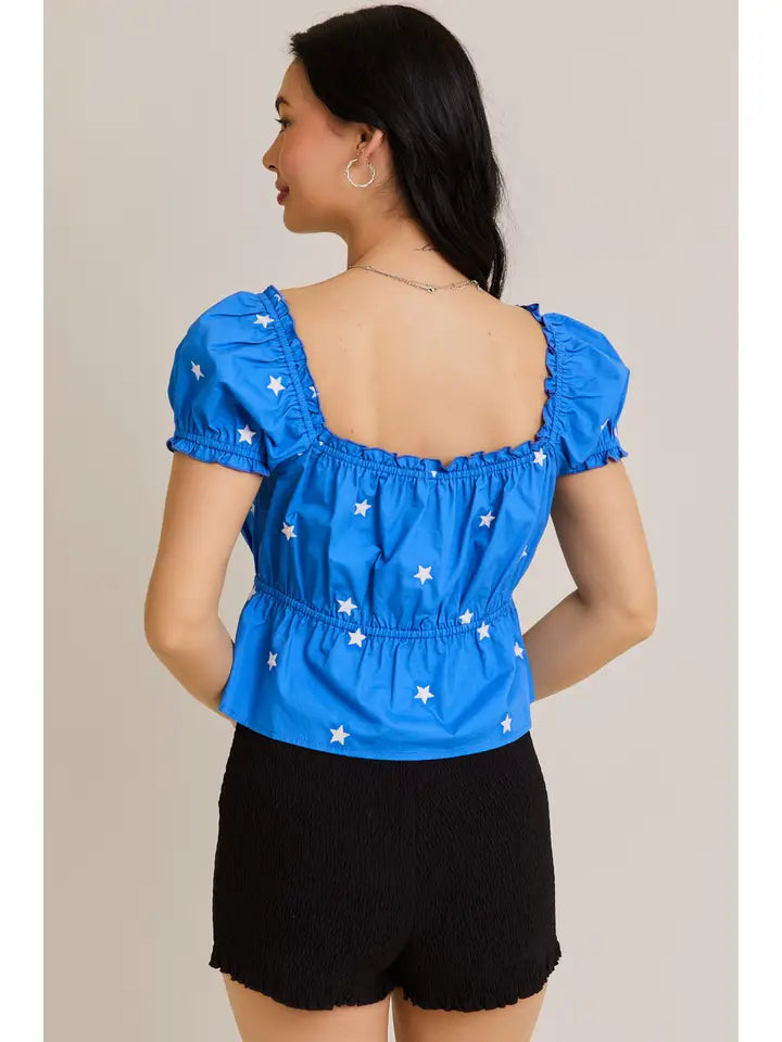 Square Neck Baby Doll Crop Top with Star Embroidery