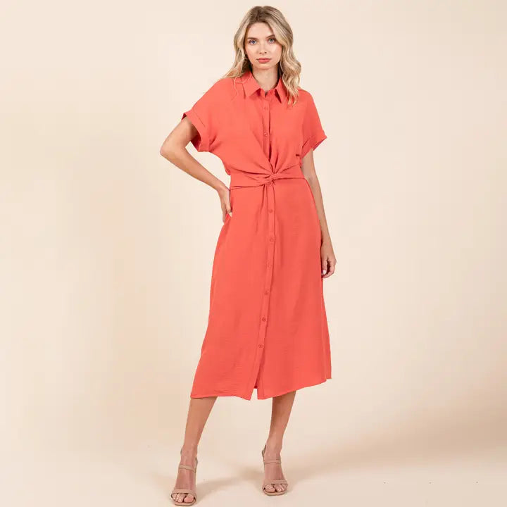 Twist Front Smocked Button Down Midi