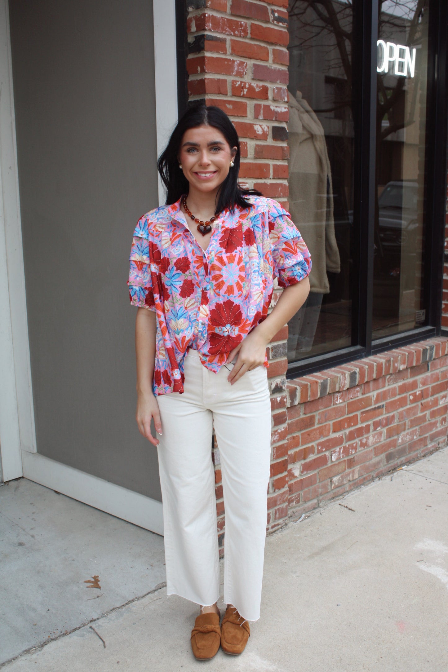 Floral Print Bubble Sleeve Button Up Pleated Shirt