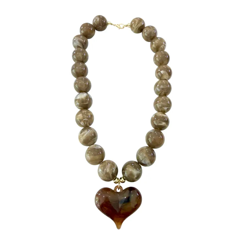 Kaiden Chunky Beaded Necklace with Heart Charm - Mocha