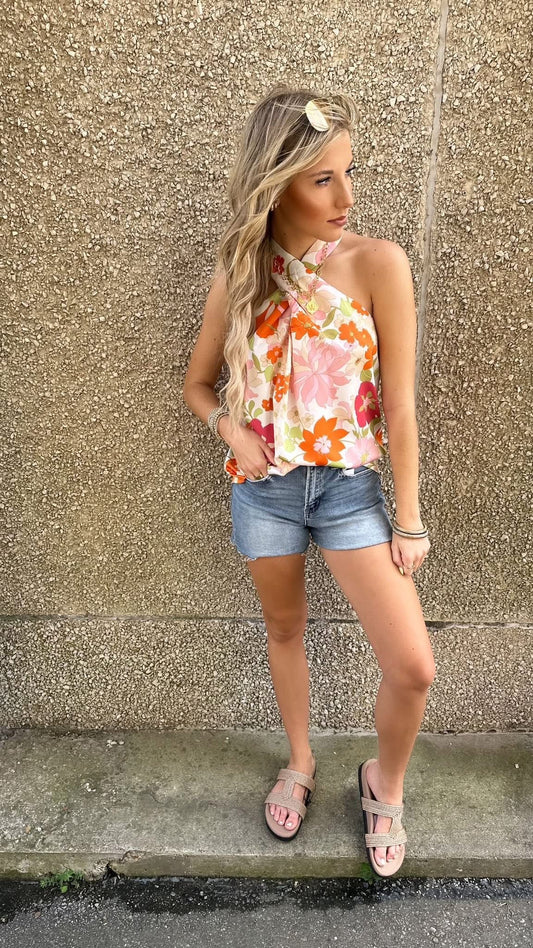 Twisted Halter Neck Printed Top