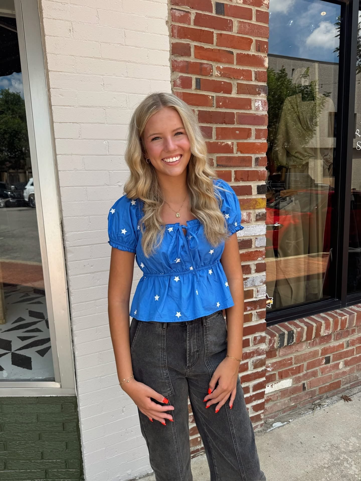 Square Neck Baby Doll Crop Top with Star Embroidery