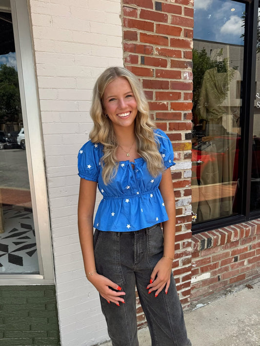 Square Neck Baby Doll Crop Top with Star Embroidery