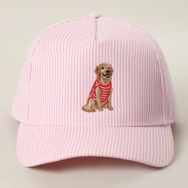 Golden Retriever Embroidered Seersucker Stripe Trucker Hat