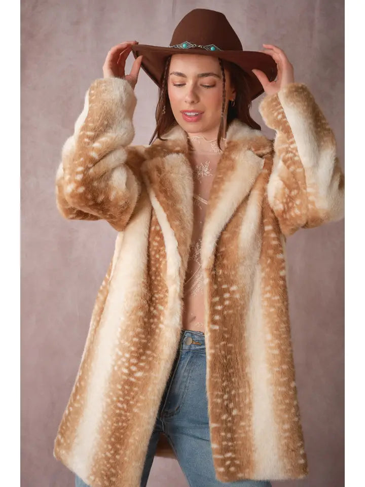Deer Print Faux Fur Coat