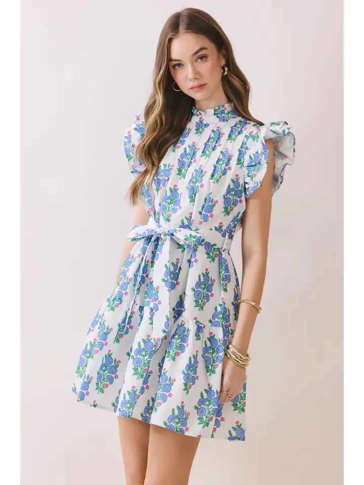 Floral Pleated Bodice Ruffle Sleeve Mini Dress
