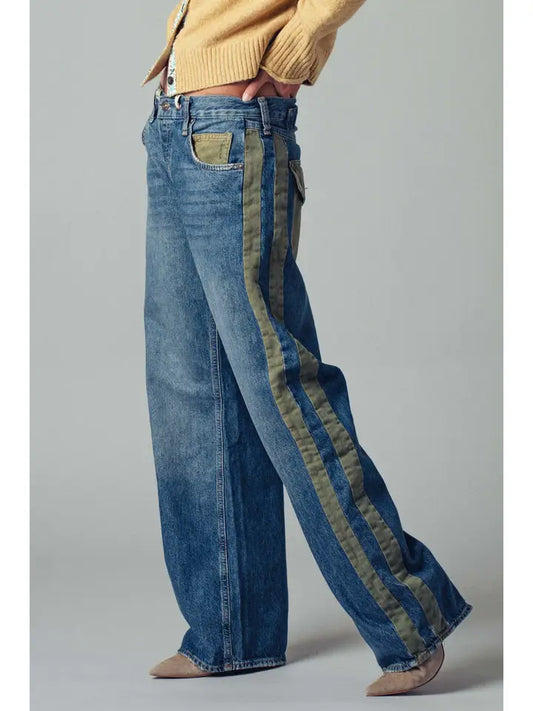 Wide-Leg Utility Stripe Denim Jeans