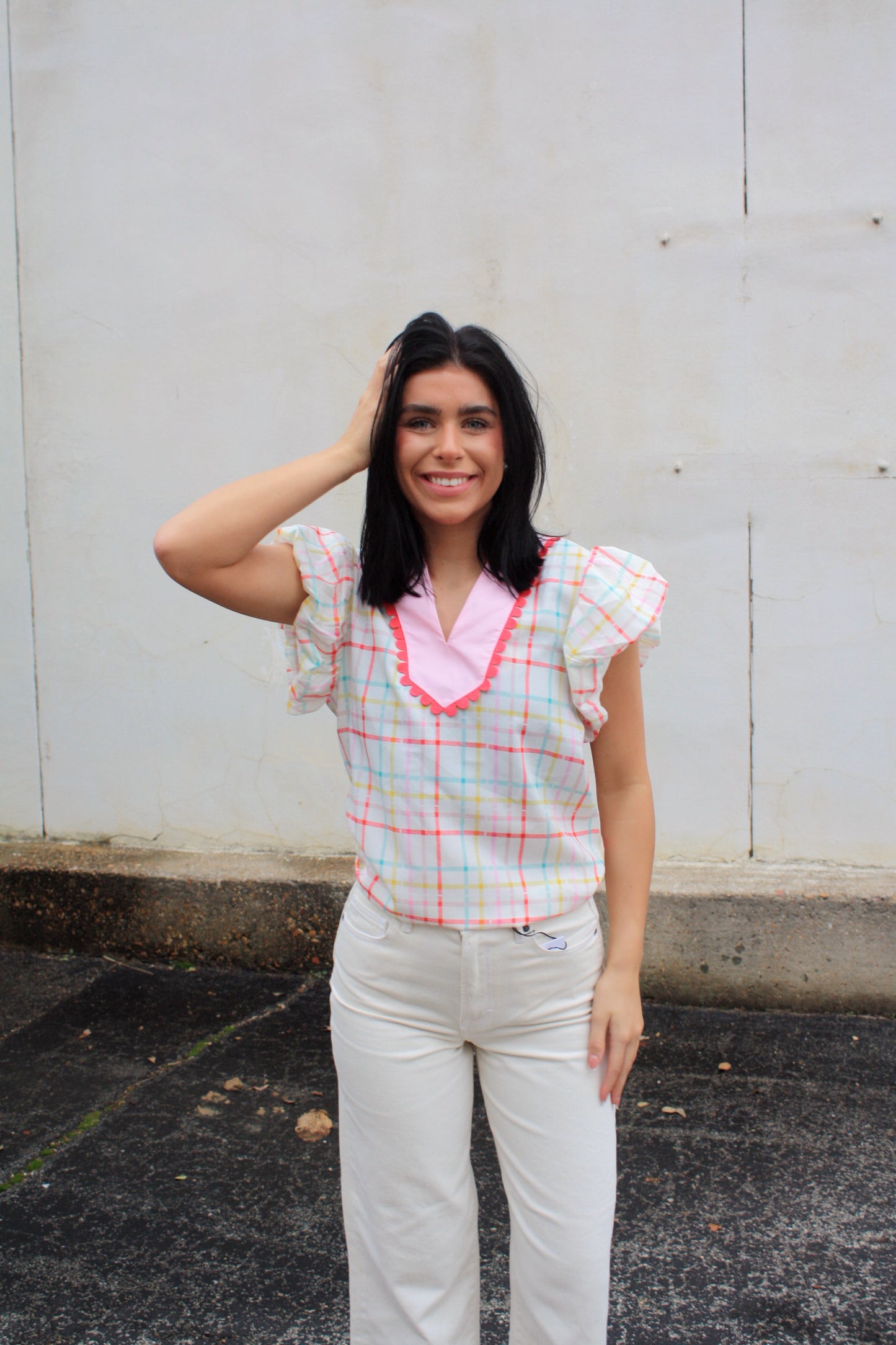 Plaid Flutter Sleeve Colorblock Ric Rac Split Blouse