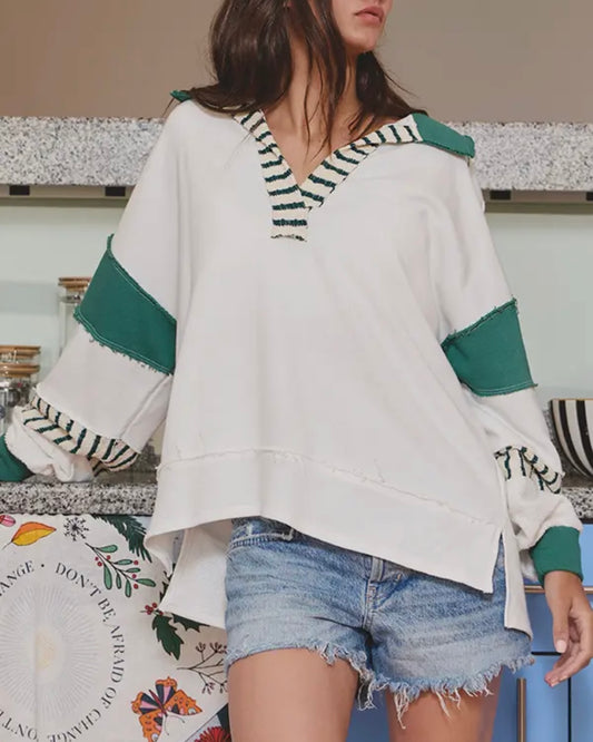 French Terry Knit Color-Block Collared Tunic
