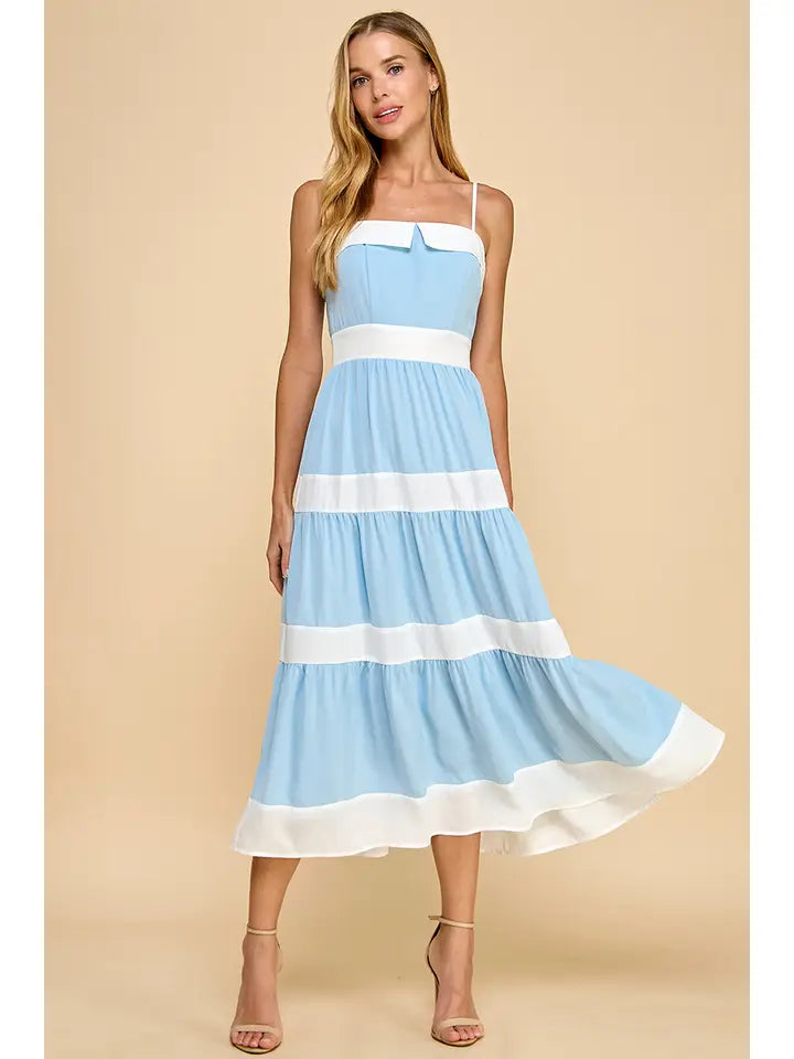 Tiered Midi Dress with Alternating Contrast Stripes