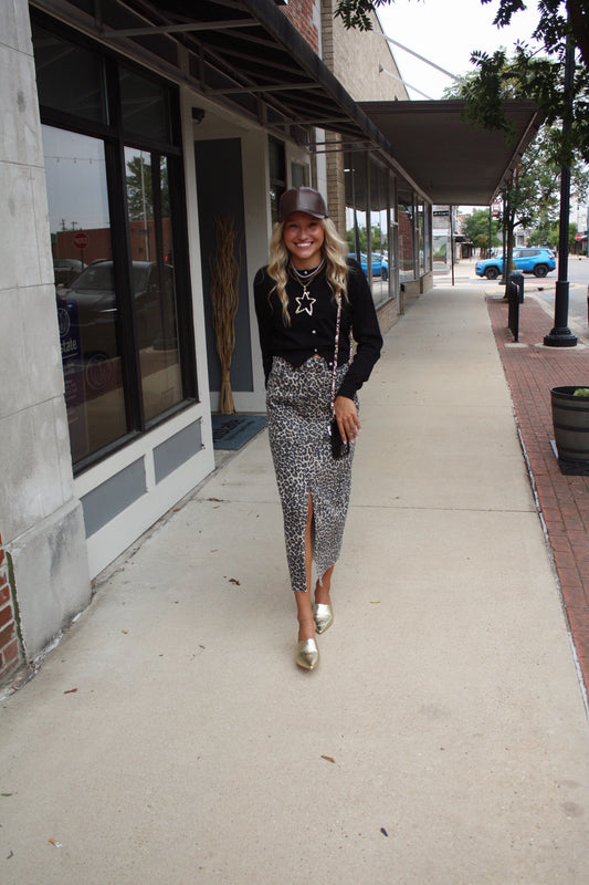 Leopard Print Slit Front Skirt