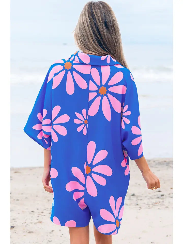 Flower Print Shirt Collar Button Front Romper