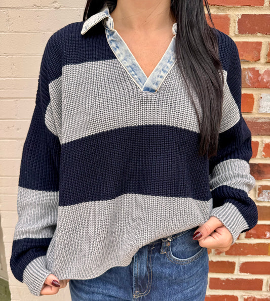 Grey navy stripe sweater w/ denim collar