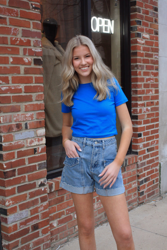High Waist Folded Hem Denim Shorts