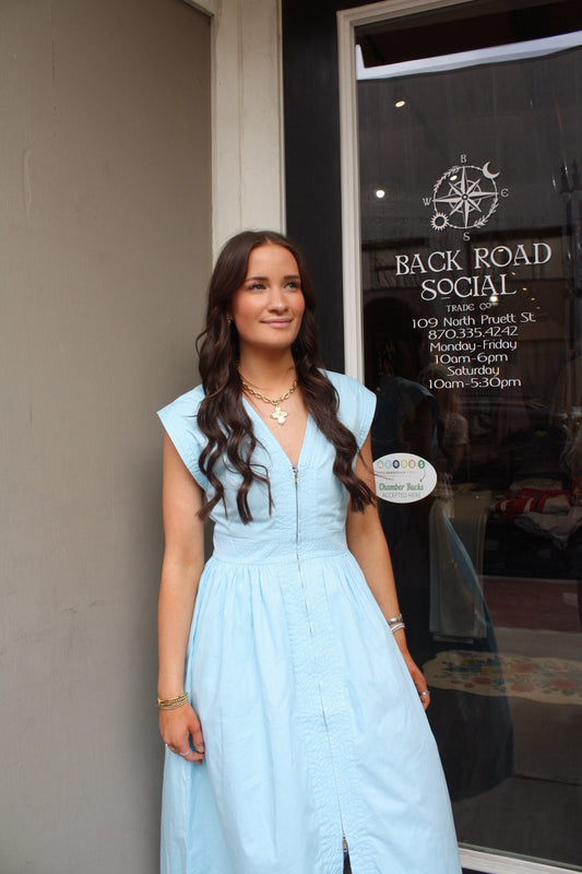 Cap Sleeve V Neck Midi Dress with Front Zipper