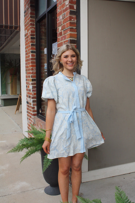 Floral Eyelet Pattern Button Front Mini Dress